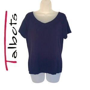 TALBOTS Black Basic Double V-Neck Short Sleeve Rayon Top Size Large